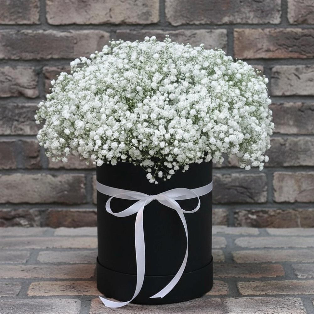 Цветочная композиция из Гипсофила в шляпной коробке в Ивановском Ставропольского края