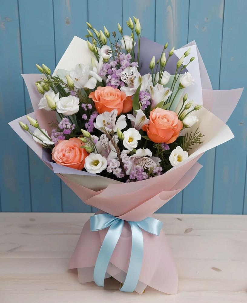 Букет цветов из: Лизиантусы, Розы, Альстромерии и Гипсофила в Ивановском Ставропольского края