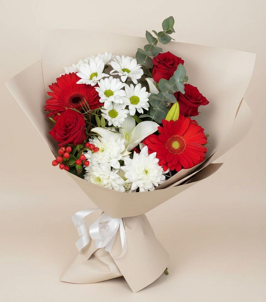 Букет цветов из: Розы, Хризантемы, Герберы и Лилии в Ивановском Ставропольского края