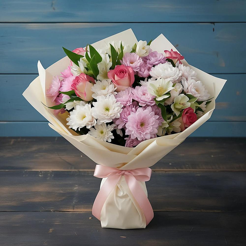 Букет цветов из: Хризантемы, Альстромерии и Розы в Ивановском Ставропольского края